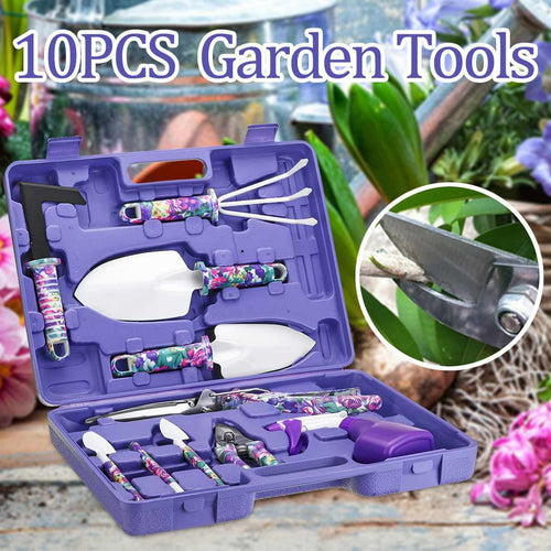 10pcs Garden Tools Set Lightweight Gardening Tools Kit Pruner Trowel Transplanting Spade Rake Spray Bottle with Box Gift