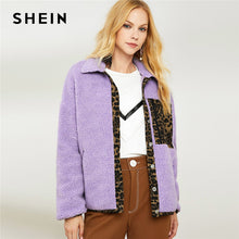 Load image into Gallery viewer, SHEIN Violet Elegant Highstreet Leopard Pocket Fleece Zipper Single Breasted Coat 2018 Autumn Office Lady Coats Outerwear