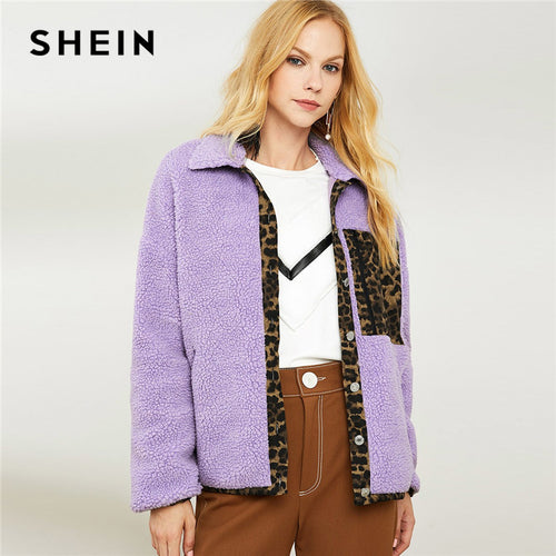 SHEIN Violet Elegant Highstreet Leopard Pocket Fleece Zipper Single Breasted Coat 2018 Autumn Office Lady Coats Outerwear