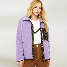 Load image into Gallery viewer, SHEIN Violet Elegant Highstreet Leopard Pocket Fleece Zipper Single Breasted Coat 2018 Autumn Office Lady Coats Outerwear